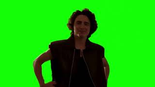 Timothée Chalamet stands up and looks into the camera (with Dune 2 music) green screen