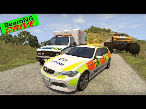 Monster Truck, Police car, Ambulance, Fire Truck  Crazy Vehicle High Speed Jumping 9     BeamNG driv