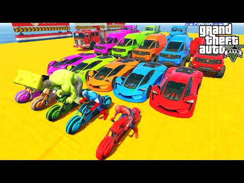 Spiderman Car Racing Stunt map, Mega ramp challenge on supercars, motorcycle & monster truck - GTA V