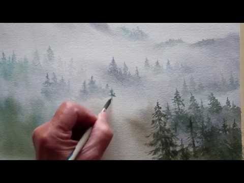 watercolor trees in the mist