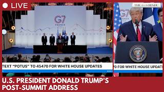 U.S. President Donald Trump addresses media in Évian after G7 Summit