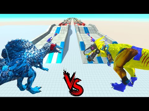 WOLVERINE T-REX vs MYSTIQUE SPINOSAURUS RACE BATTLE COMPETITION - Animal Revolt Battle Simulator