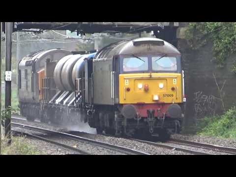 Direct Rail Services 57009 and 37604 Rail Head Treatment Train passing Southend Airport