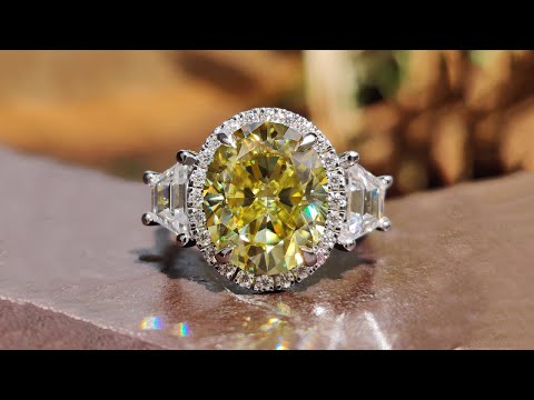 Why You Should Buy a 4.44 CT Canary Yellow Oval Cut Moissanite Three Stone Halo Engagement Ring