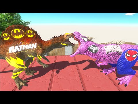 PURPLE SPIDERMAN T-REX VS BATMAN & THANOS SPINOSAURUS DEATH FALL - Animal Revolt Battle Simulator