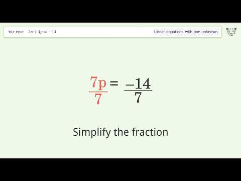 Linear equation with one unknown: Solve 3p+4p=-14 step-by-step solution