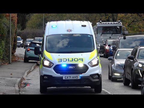 Surrey Police, Driver Training Unit, Marked Ford Transit cell van, on blue light run in Guildford.