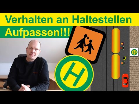 Richtiges Verhalten an Haltestellen.  Aufpassen in der Fahrprüfung bei Bussen mit Warnblinklicht.