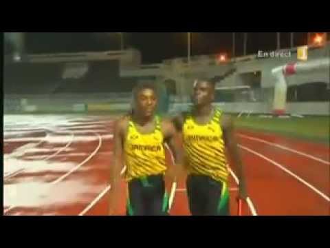 Jamaica Breaks CR to win 4x100m U 20 Boys in 39 38 Final Carifta Games 2014