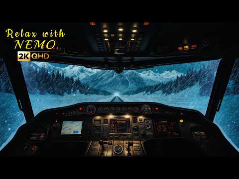 Soothing Night Train Cab Ride During an Icy Snowstorm 🚆 Dimly Lit Train Locomotive Cockpit Ambience