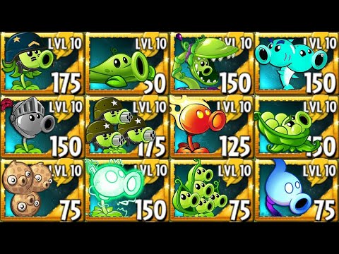 Every Peashooter level 1 boosted Pea Vine and Torchwood Vs 6 Lawnbowl Gargantuar Zombies - PvZ 2