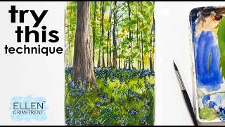 Try this technique to paint a Watercolor Bluebell forest