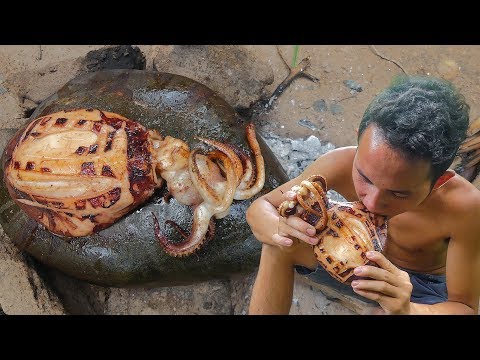 Primitive Technology: Cooking Big Octopus on the Rock Eating Delicious