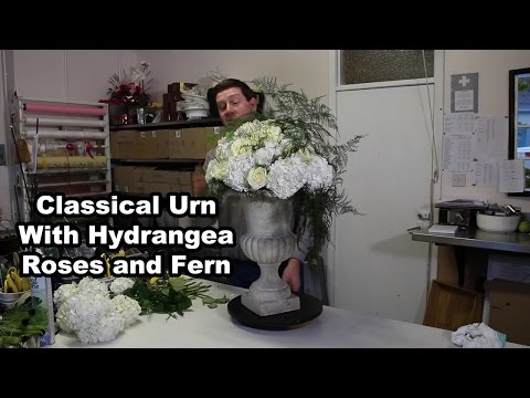 Opulent Classical Urn With White Hydrangea, Roses and Fern