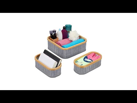 Relaxdays Aufbewahrungskorb 3er Set – Bambus & Polyester, Stapelbar, Für Bad, Wohnzimmer, Kinderzimmer (natur/creme)
