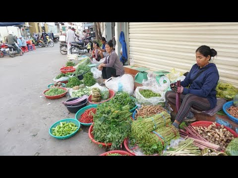 Morning Street Food Market @Phsa Takhmao Thmey - Activities of Khmer People Buying Food in Market