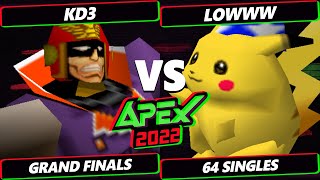Apex 2022 GRAND FINALS - KD3 (Captain Falcon) Vs. Lowww (Pikachu, Fox) Smash 64 Tournament