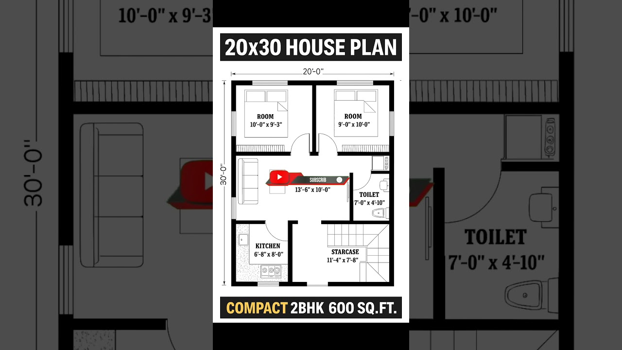 Compact 2BHK House Plan – 20x30 ft (600 sq ft)
