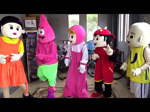 MY FRIEND WEARING & UNBOXING COSTUME SQUID GAME, PATRICK, MASHA, BOBOIBOY & UPIN joget NGLENYER Video
