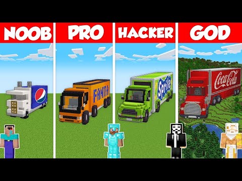 Noob Builder - Minecraft - SODA DRINK TRUCK BASE BUILD CHALLENGE - Minecraft Battle: NOOB vs PRO vs HACKER vs GOD / Animation