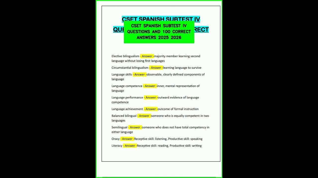 CSET SPANISH SUBTEST IV QUESTIONS AND 100 CORRECT ANSWERS 2025 2026 video