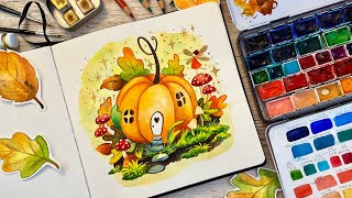 Watercolor tutorial, Painting a magical Pumpkin , Autumn illustration