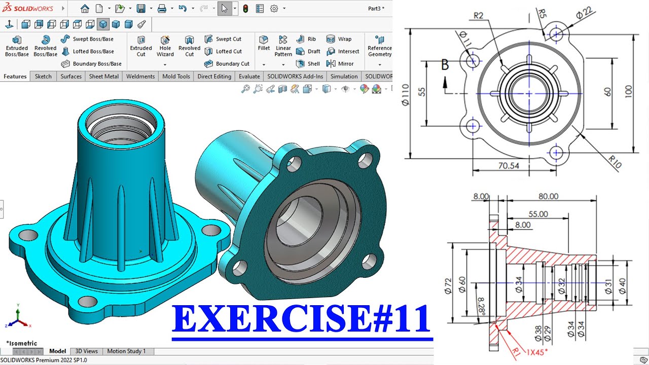Solidworks Exercise tutorial | Automobile part | Exercise#11