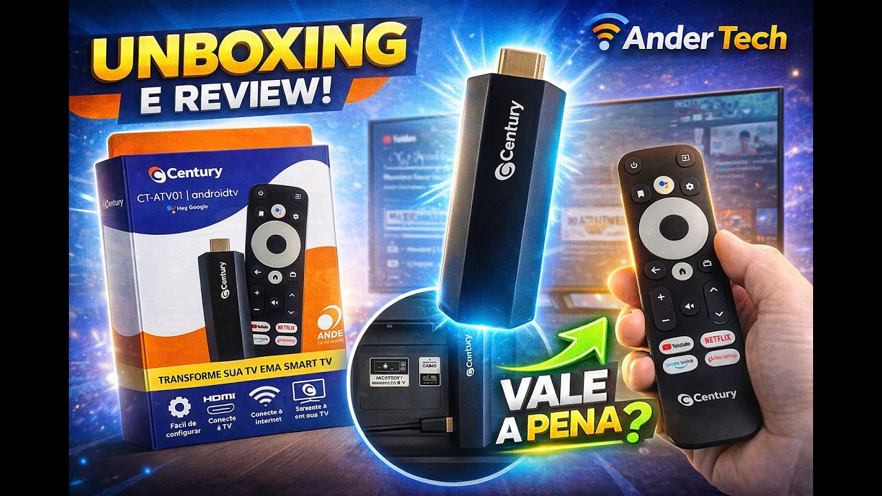 Miniatura da avaliação em vídeo de Century Smart Stick Android TV 8GB com Chromecast Integrado