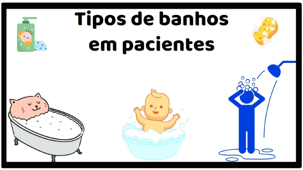 Tipos de banho sem pacientes hospitalares Banho de Aspersão Imersão Ablução Leito Resumo Animado