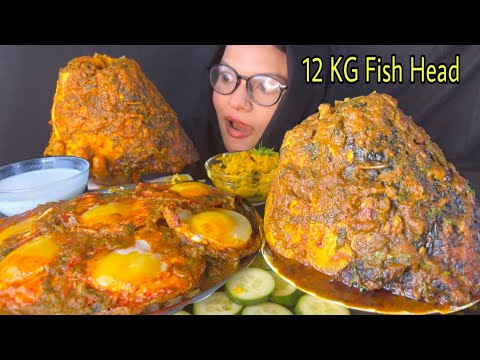 EATING 12 KG FISH HEAD CURRY WITH RICE & SUNNY SIDE UP EGGS CURRY,MILK RICE | messy eating