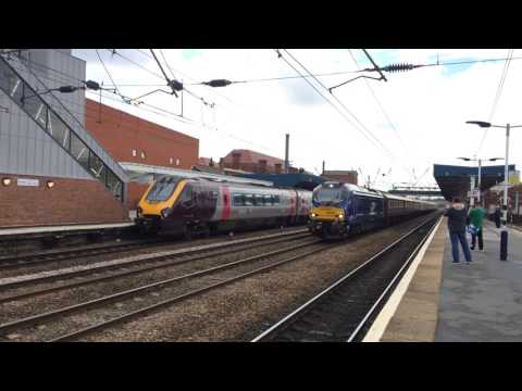 DRS 68028 leads 68025 speeds though Doncaster with a London Kings Cross to Durham Northern Belle