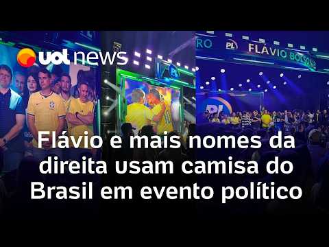 Flávio Bolsonaro e mais nomes da direita usam camisa do Brasil em evento de André do Prado