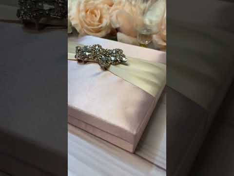 Wedding Invitation Box, Blush Pink Silk Box  With Rhinestone Brooch
