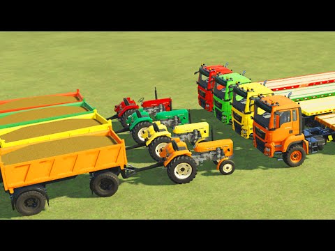 TRANSPORTING LONG TRUCKS AND HARVESTING LOAD SOYBEAN WITH COLORED CASE TRACTORS - Farming Simulator
