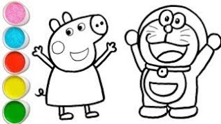 Cute Peppa Pig Playing with Doraemon Drawing and Coloring For Kids |