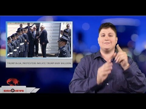 Trump in UK, protesters inflate Trump baby balloon (ASL - 7.12.18)