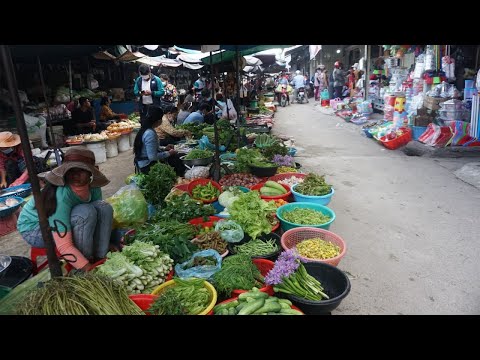 Morning Food Market Scene at Phsa Takmao - Walk Around Street Food @Takmao Market on Weekend