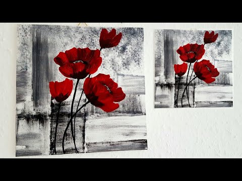 , title : 'Blumen Malen Acryl Rot Schwarz Weiß für Anfänger - Flowers Acrylic Painting Red Black for Beginners'