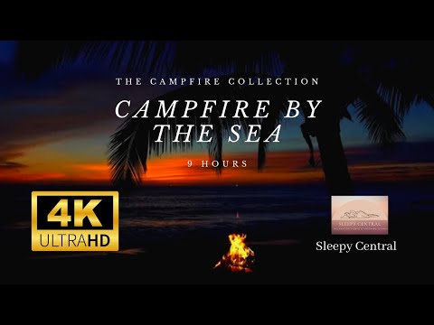 4K Night Campfire by the Sea | Ocean Waves and Crackling Fire Sounds 🔥