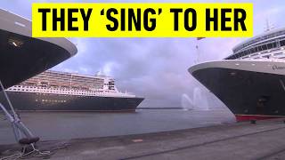 Queen Victoria and Queen Elizabeth play 'Happy Birthday' to Queen Mary 2   on their Fog Horns.