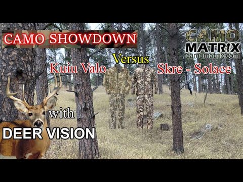 Compare Kuiu Valo Vs Skre Solace  with simulated deer vision on 14 Backgrounds.