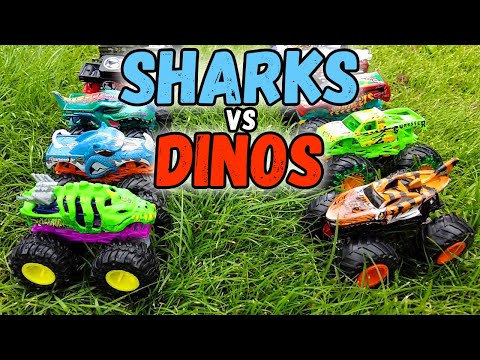 SHARKS vs DINOS Hot Wheels Monster Truck Racing in the Pool Waterslide Race Green Slime Jungle