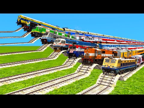 8 FULL SPEED TRAINS VS 8 HIGH AND HIGH & BIGGEST & BIGGEST SPEED BUMPS RAILWAY TRACKS|TrainSimuletor