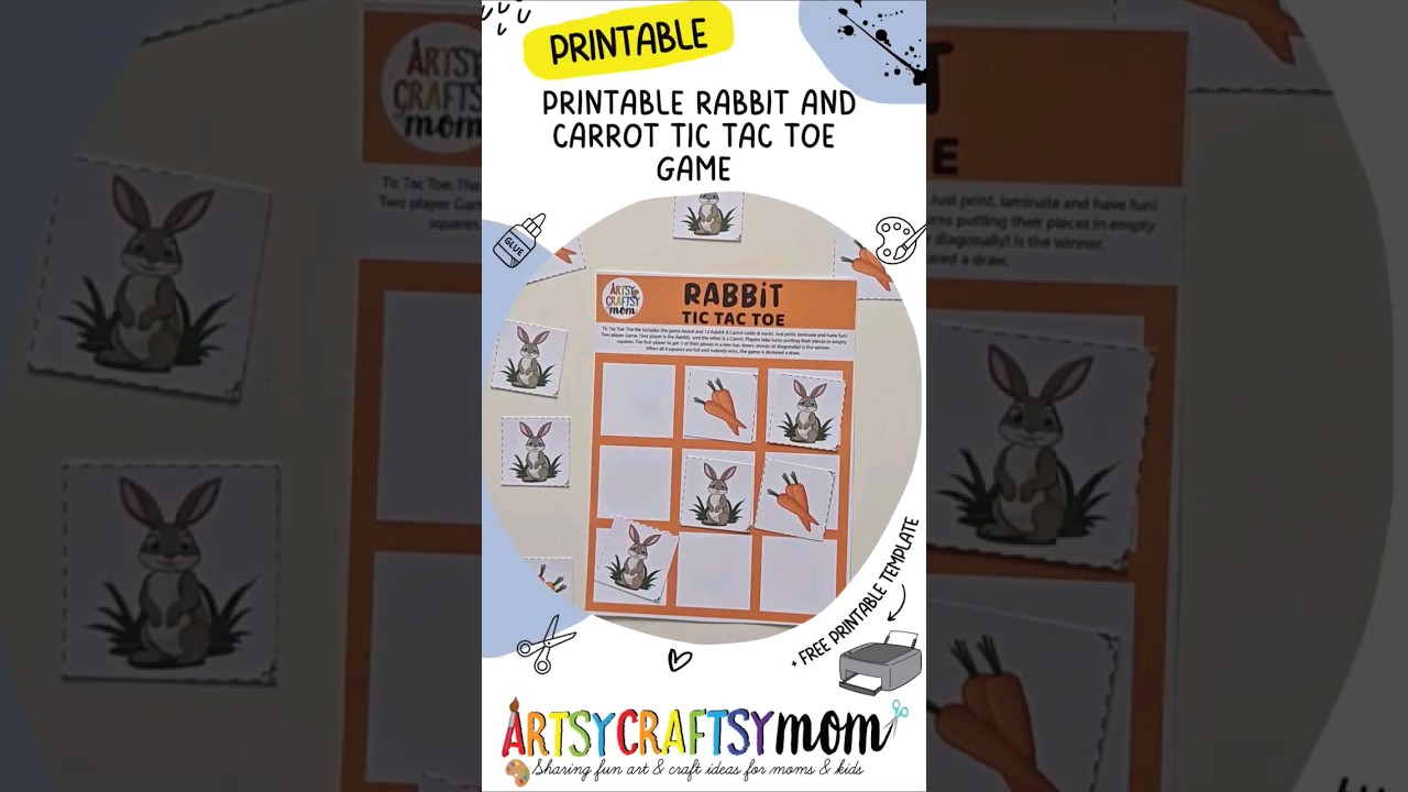 Printable Rabbit and Carrot Tic Tac Toe #printable #tictactoe #artsycraftsymom #papercraft #game
