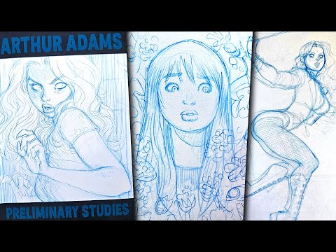 Arthur Adams Preliminary Studies sketchbook preview: blue pencil comic book covers and superheroes