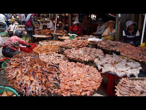 Dry Fish Market Day in Cambodia - Plenty Dry Fish,Frog, Head Of Dry Fish, Dry Beef & Buffalo
