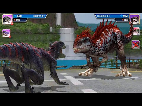 INDOMINUS REX VS SCORPIOS REX |DINOSAUR BATTLE | JURASSIC WORLD THE GAME