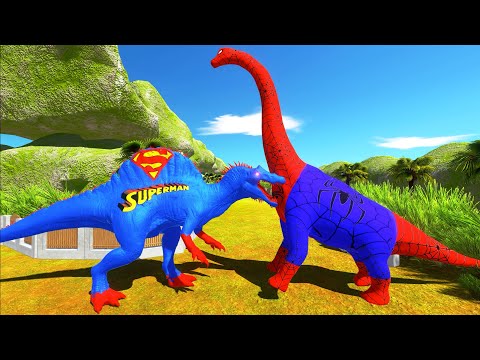 SUPERMAN SPINOSAURUS vs SPIDERMAN BRACHIOSAURUS DEATH RUN TROPICAL - Animal Revolt Battle Simulator