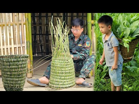 Bamboo basket weaving process - Harvest green vegetables goes to the market sell