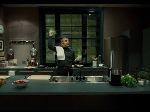 Johnny English (Mr. bean) cooking dinner for Rosamund Pike